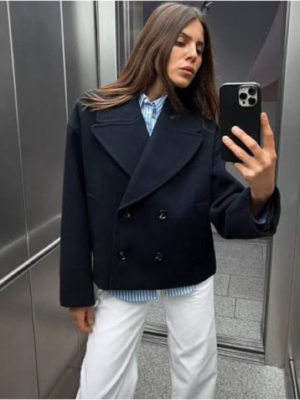 Zara Navy Double-Breasted Short Pea Coat